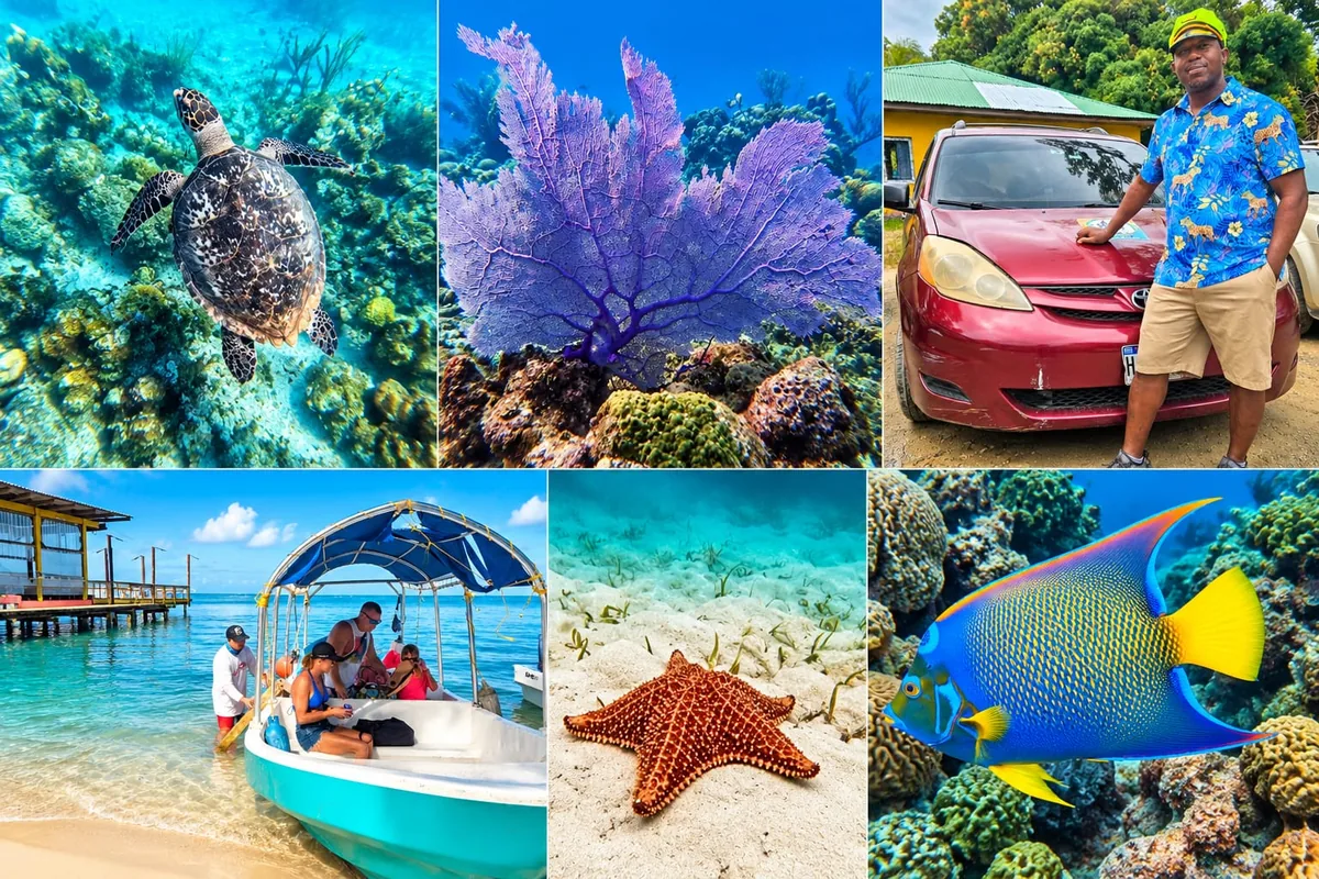 Roatan 2 stop snorkel tour: a sea turtle, a purple sea fan, a snorkeling boat at the beach, a starfish and a colorful angelfish on the reef