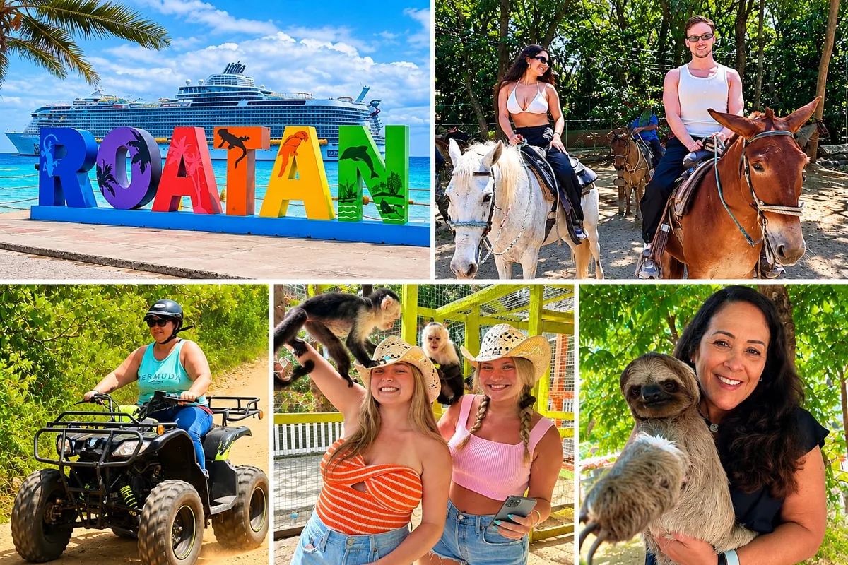 Roatan ATV, horseback ride, monkey and sloth tour: cruise ship behind the Roatan sign, guests on horses and an ATV, white-faced capuchin monkeys and a sloth