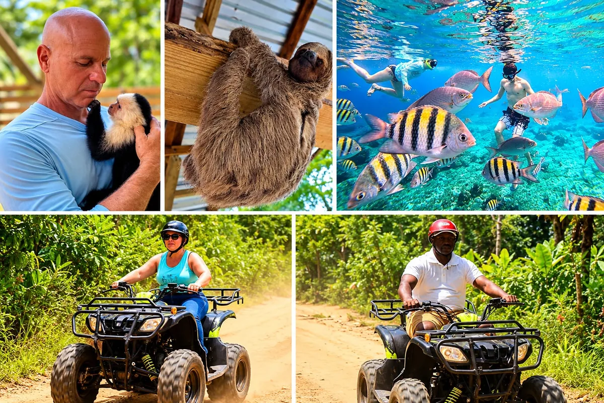 Roatan ATV, monkey, sloth and snorkeling tour: ATV riders on a jungle trail, a capuchin monkey, a sloth and colorful fish while snorkeling