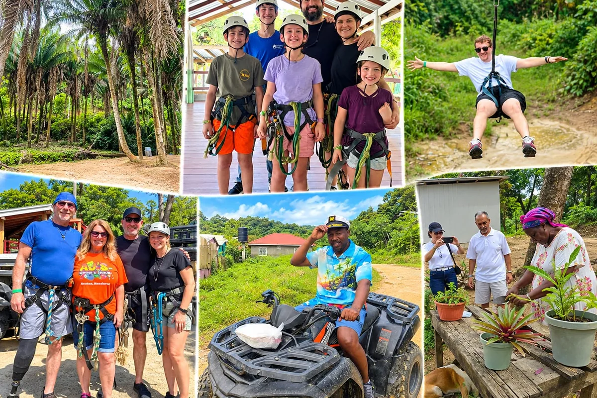 Roatan ATV and zip line adventure tour: families in harnesses and helmets, a guest flying on the zipline, an ATV ride through the jungle and a local plant stand