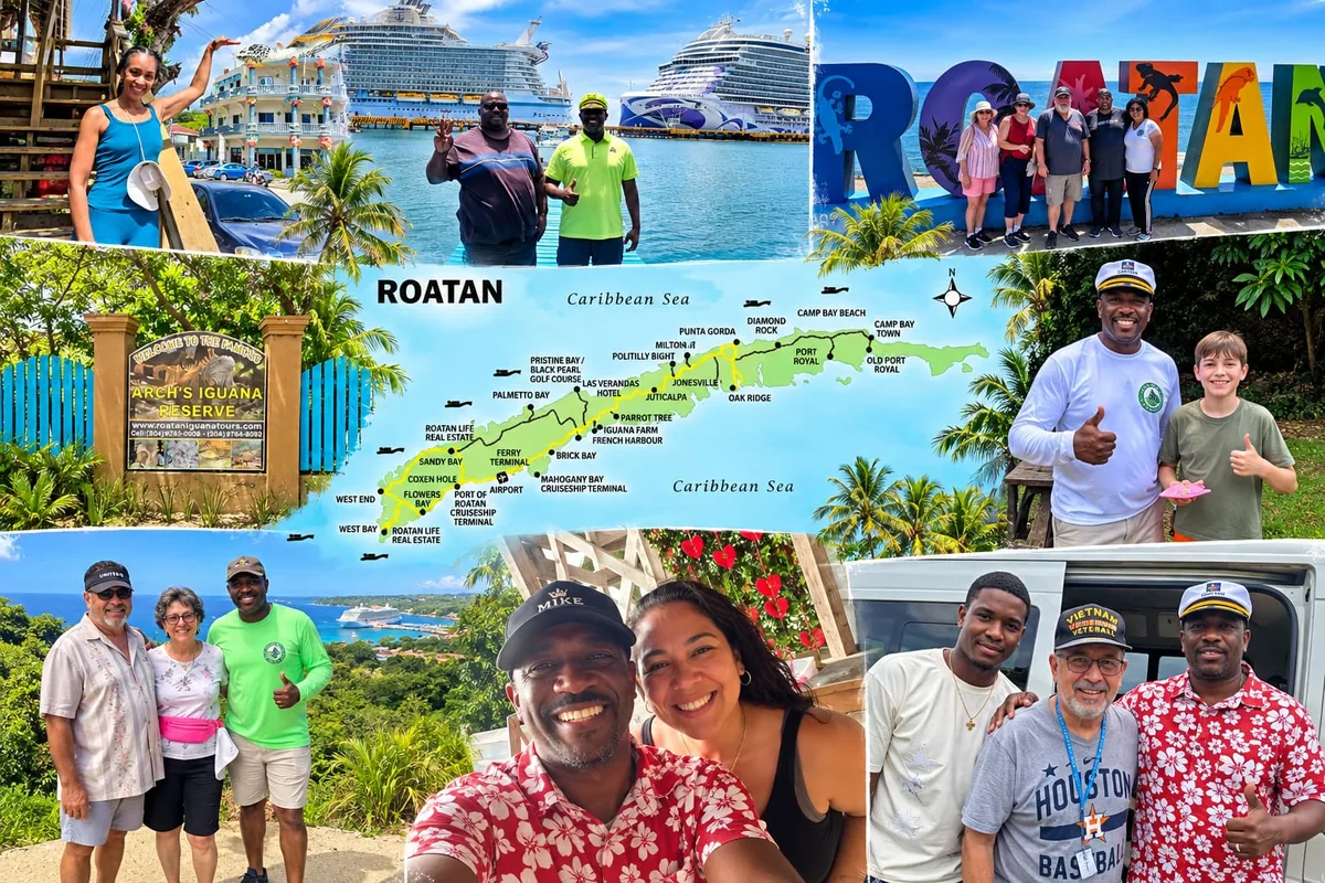 Roatan east and west island tour: cruise ships at port, guests at the Roatan sign, a map of the island, an iguana reserve and happy guests with the local guide