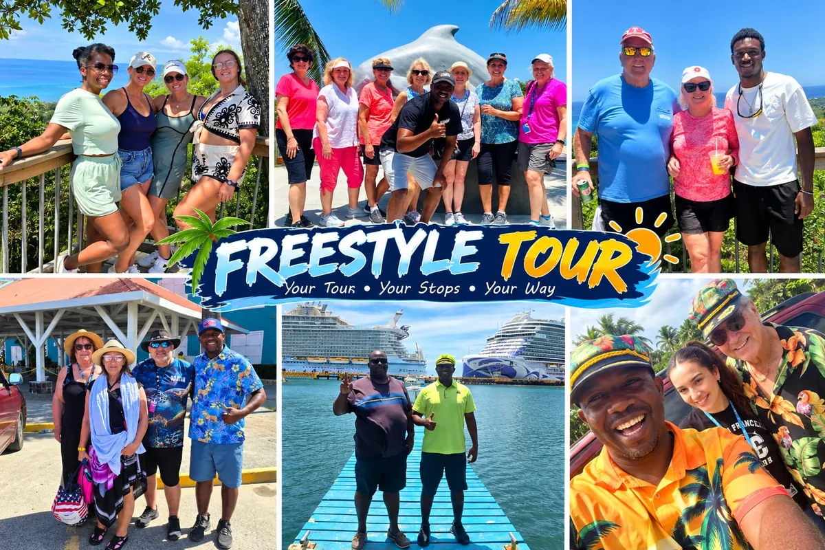 Roatan Free Style Tour: cruise guests posing at a lookout, a dolphin statue, the cruise port, a smiling guide and a group at the pier