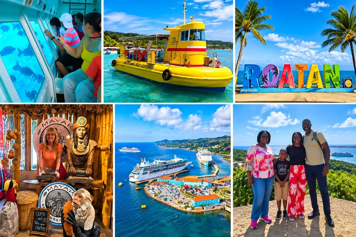 Roatan glass bottom boat and city tour: guests watching fish through the glass floor, a yellow glass bottom boat, the Roatan sign, a Mayan-style shop and a view of the cruise port