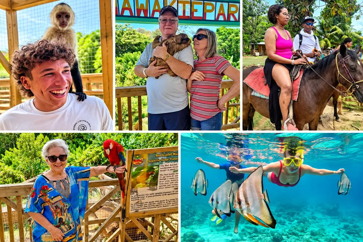 Roatan horseback ride, monkey, sloth and snorkel tour: guests with a monkey and a sloth, riding a horse, a scarlet macaw and snorkeling