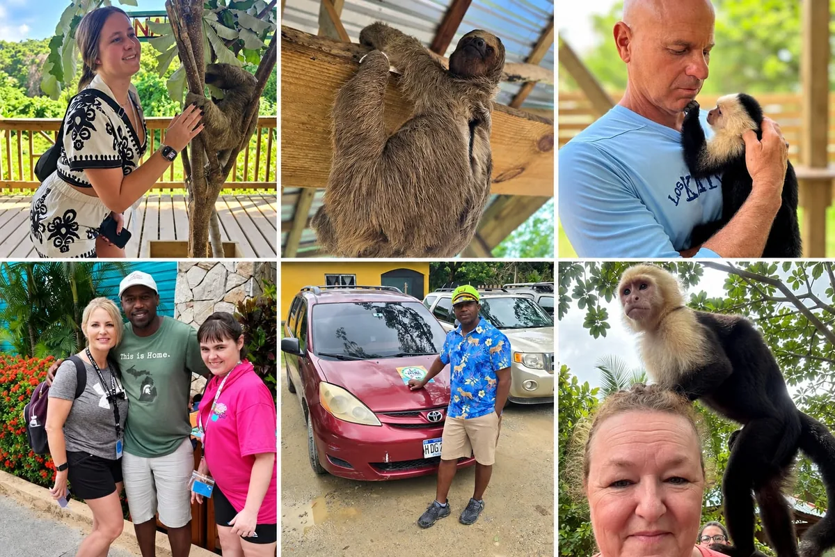 Jungle Mike monkey and sloth tour in Roatan: guests holding a sloth and capuchin monkeys, smiling visitors with Mike and the tour car