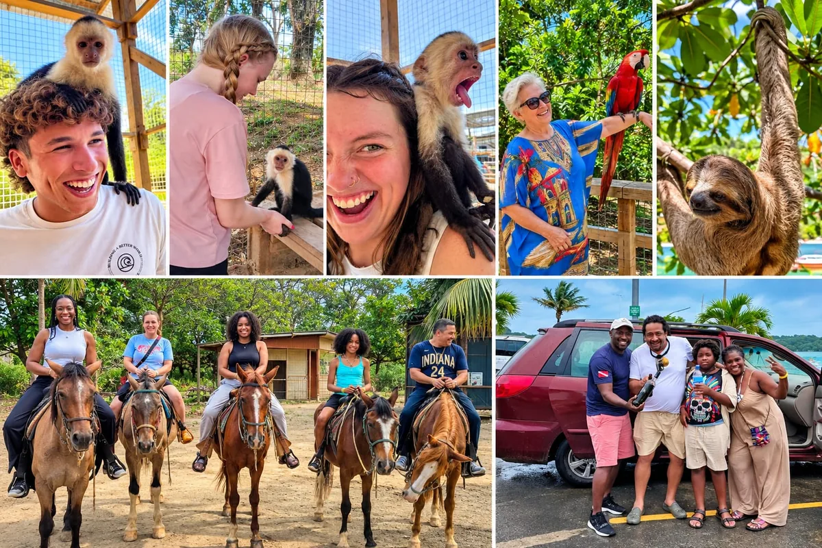 Roatan monkey, sloth and horseback riding tour: guests with capuchin monkeys, a scarlet macaw, a sloth and a group riding horses with the guide