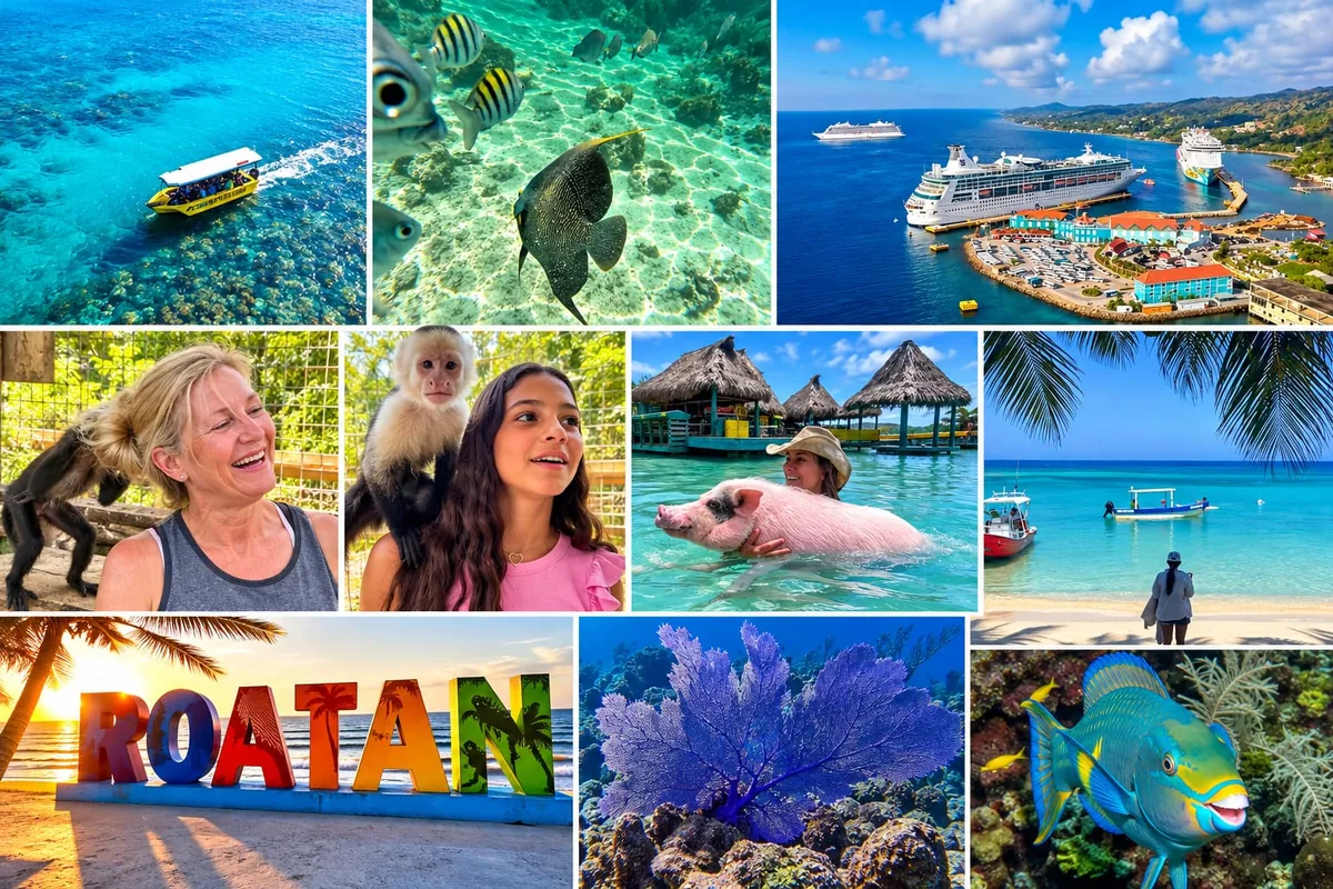 Roatan monkey, sloth and snorkeling tour: a glass bottom boat over the reef, tropical fish, guests with capuchin monkeys, the cruise port and the Roatan sign at sunset