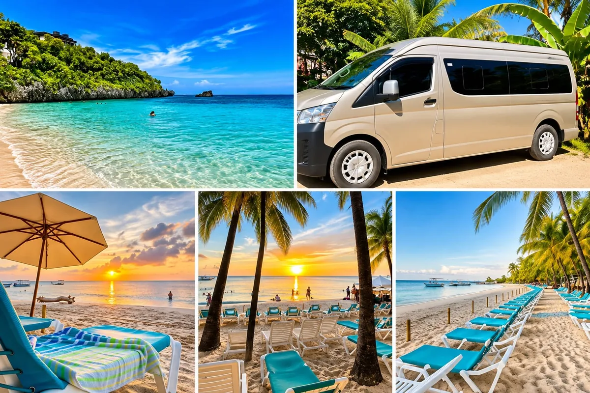 Roatan private driver to a beach club: a turquoise beach, a comfortable private van, sun loungers and umbrellas at sunset on the sand