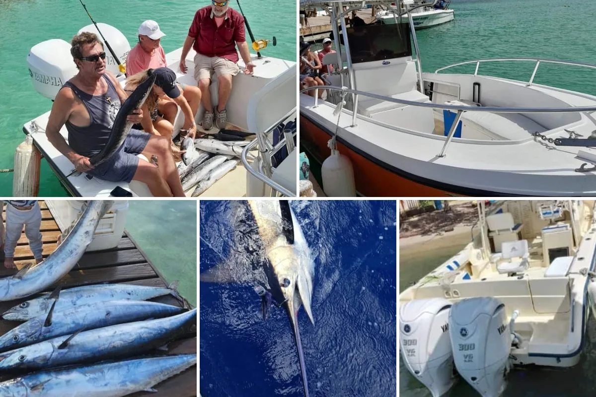 Roatan sport fishing trip: anglers with their catch on the boat, a fishing boat at the dock, wahoo on the pier, a marlin by the boat and twin engine boats