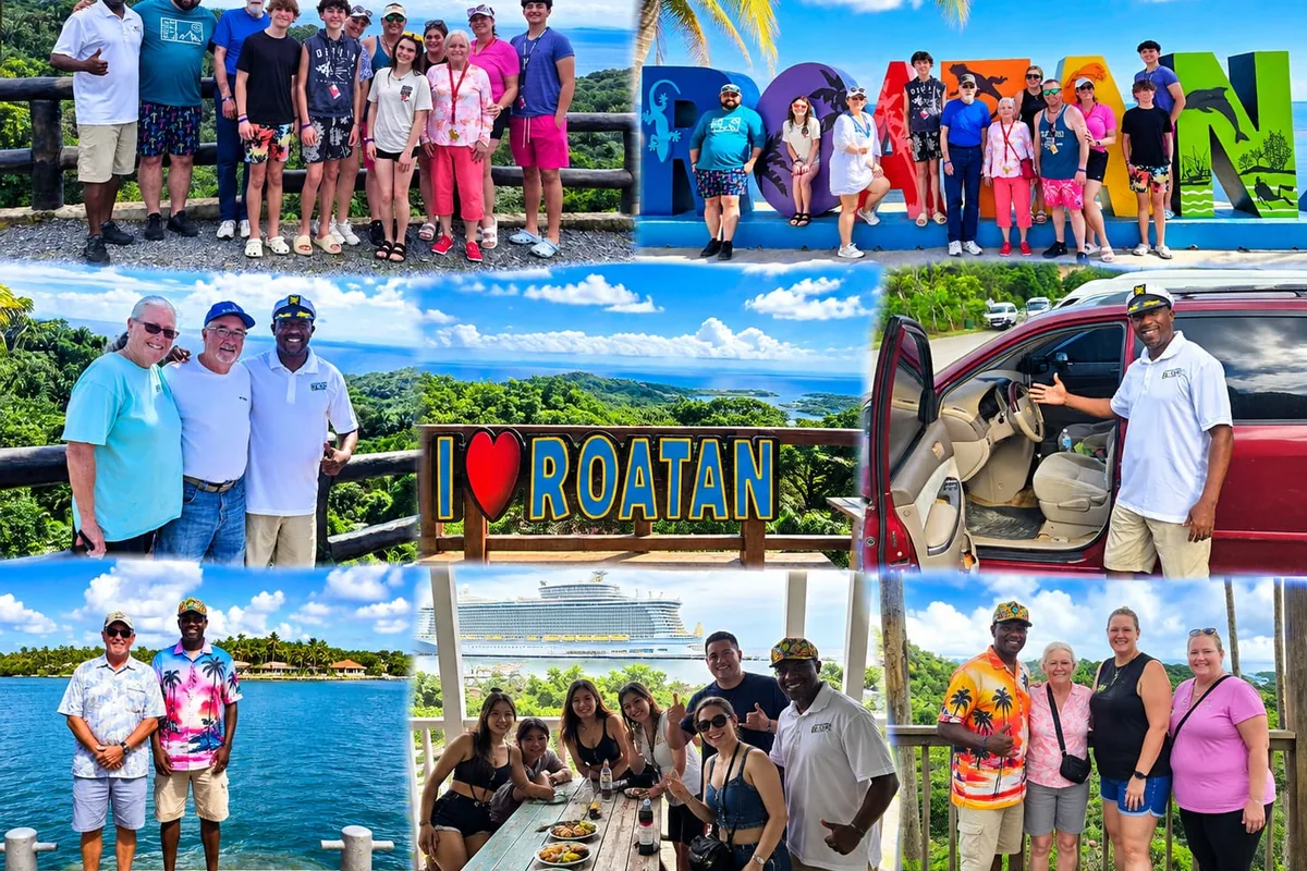 Roatan west island tour: groups at the Roatan sign and the I love Roatan lookout, island views, a cruise ship and guests enjoying lunch with the guide